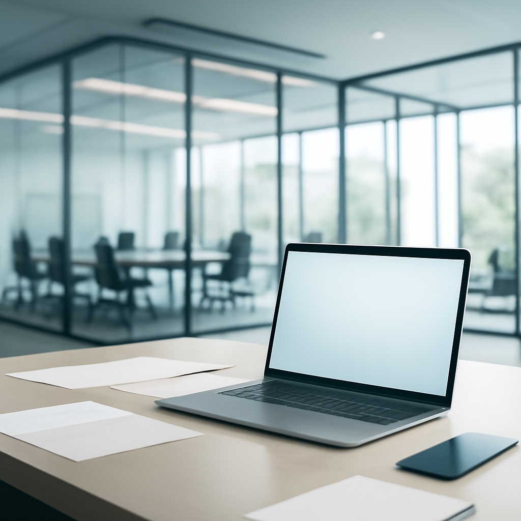 Modern office workspace with laptop, smartphone, and papers on a minimalist desk.