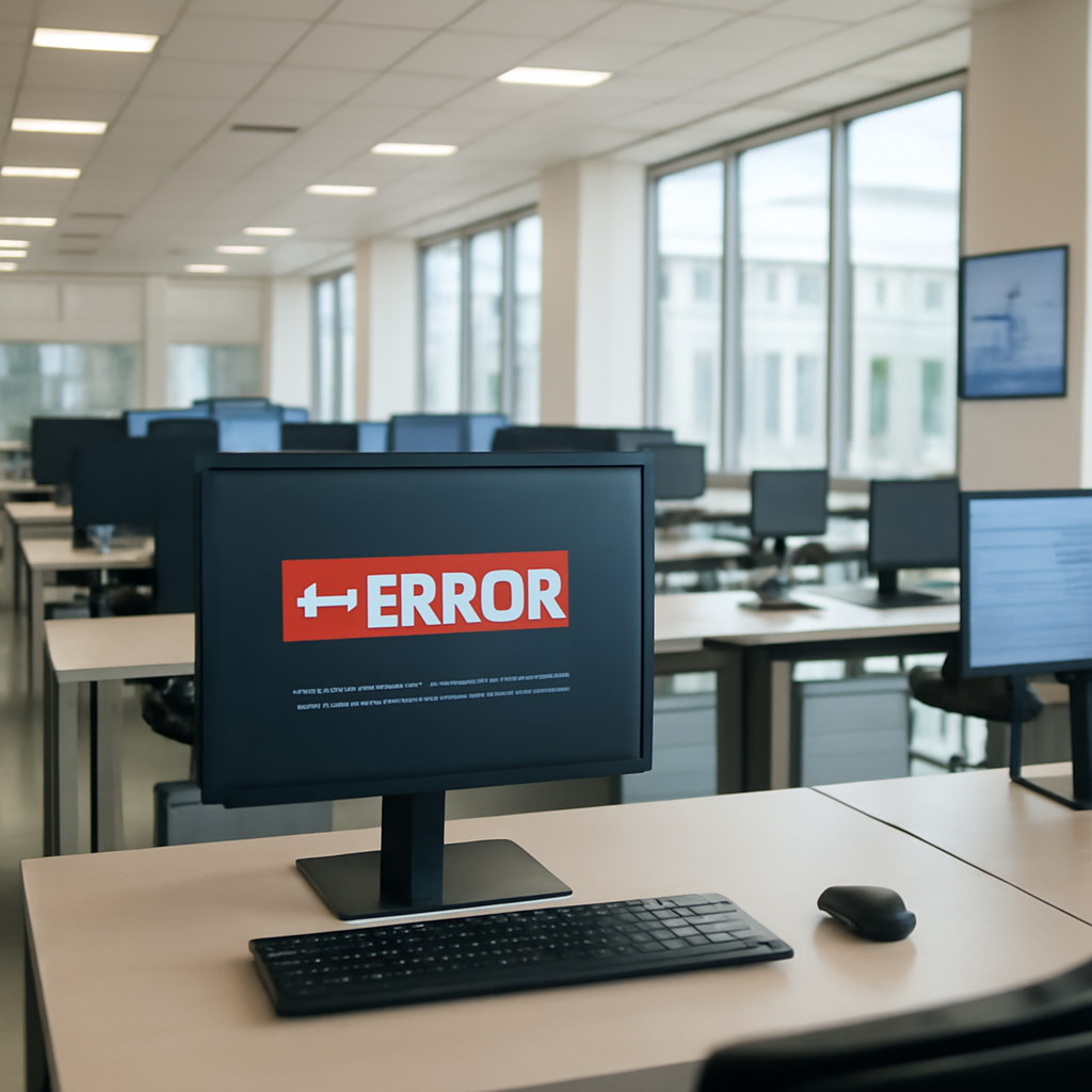 Empty tech office with error messages on screens and natural daylight pouring in.
