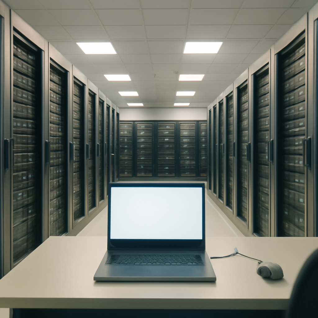 Rows of computer servers and networking equipment in a brightly-lit server room with a single unoccupied workstation in the…