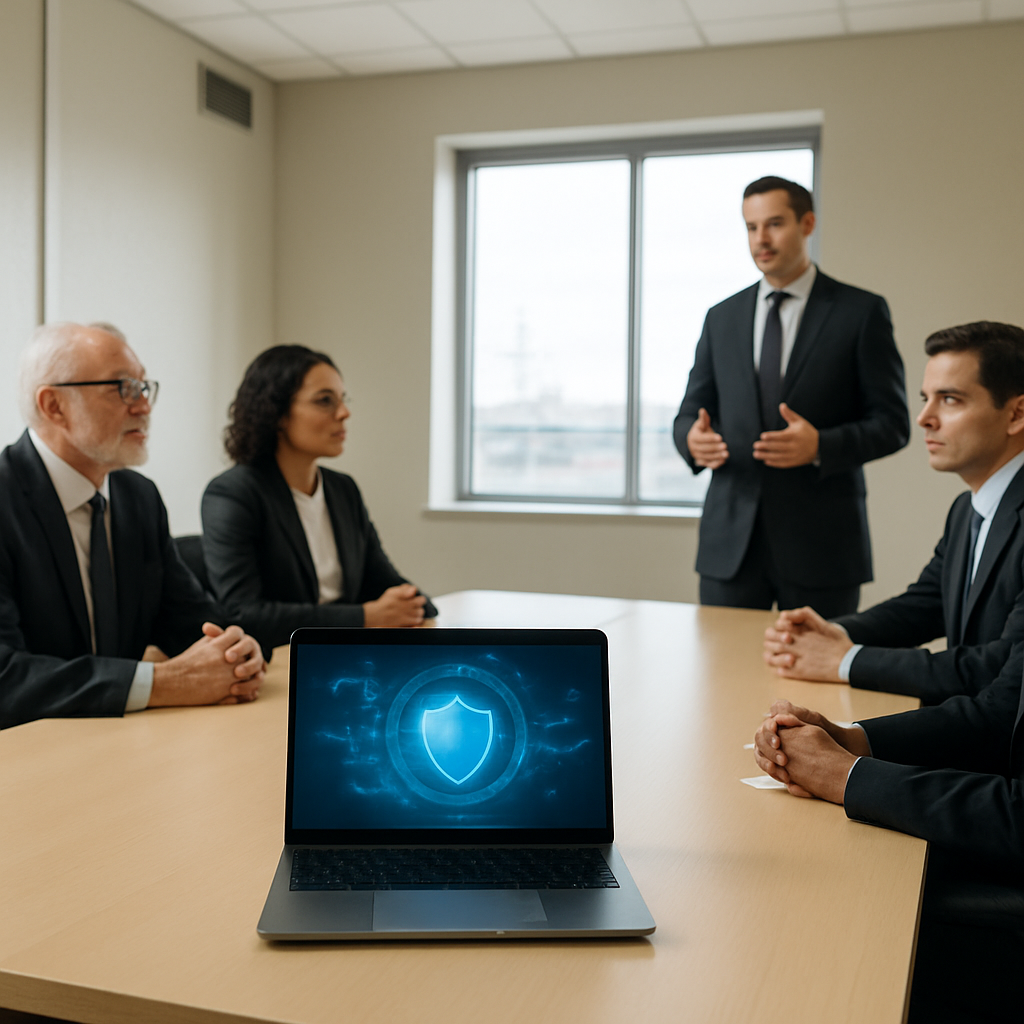 Professionals in formal attire seated around a conference table with a laptop displaying a blurred screen.