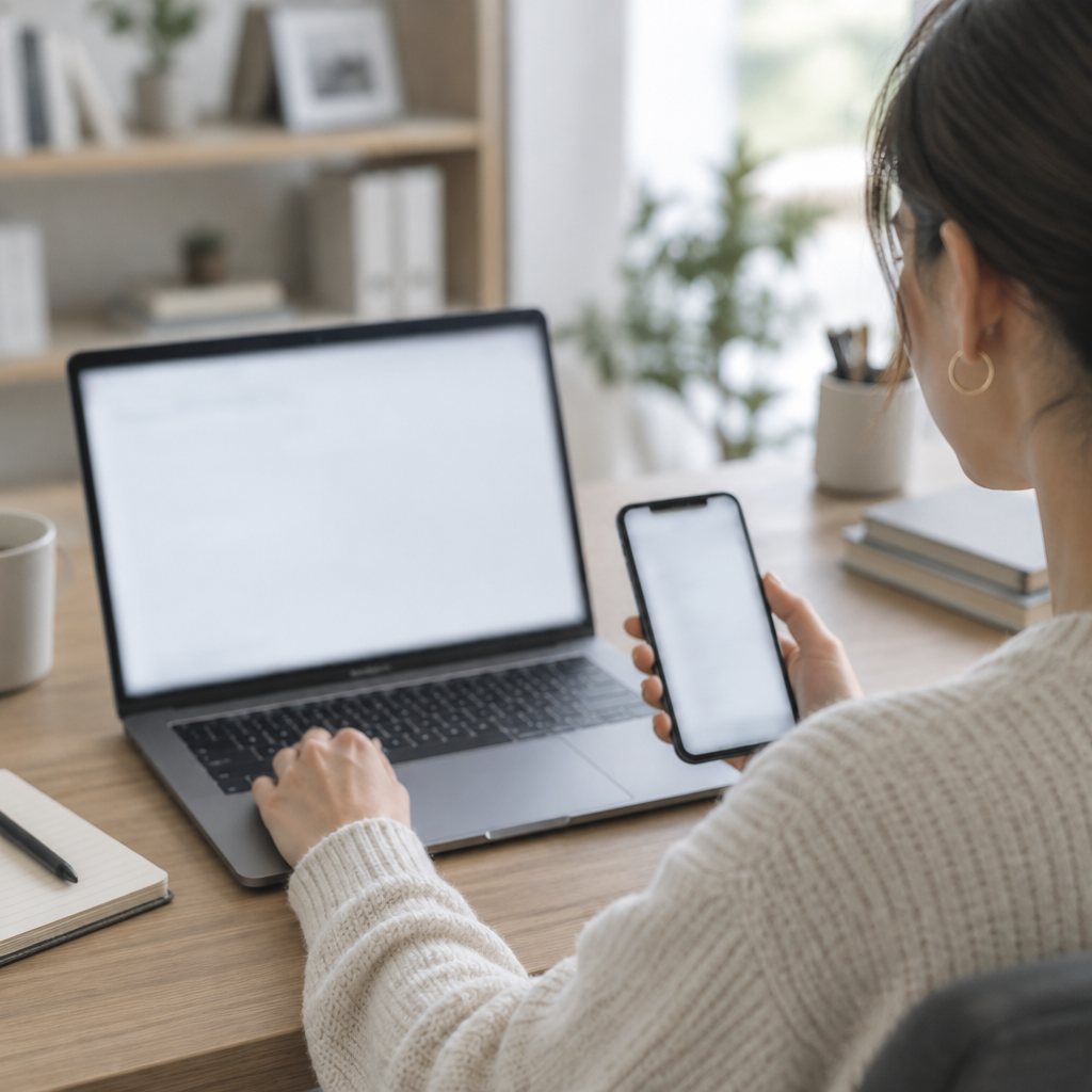 Person working at desk with laptop and smartphone in calm office setting.