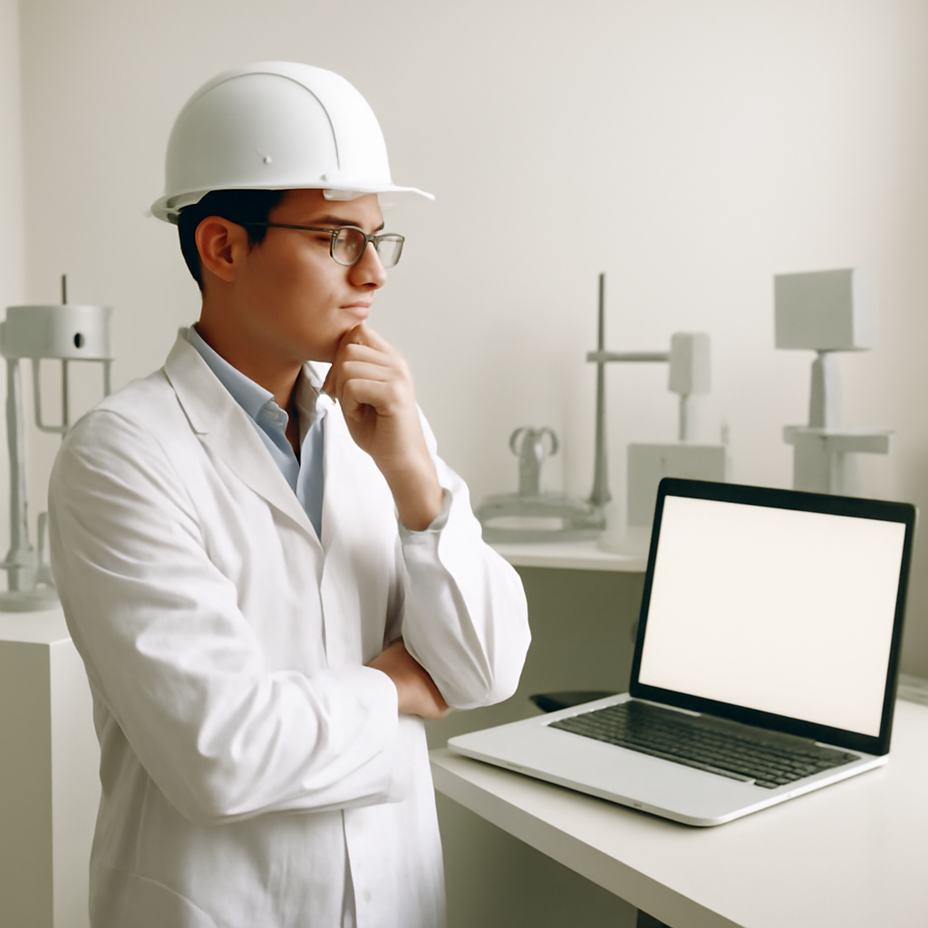 Researcher in lab setting with technical equipment and blank laptop screen.