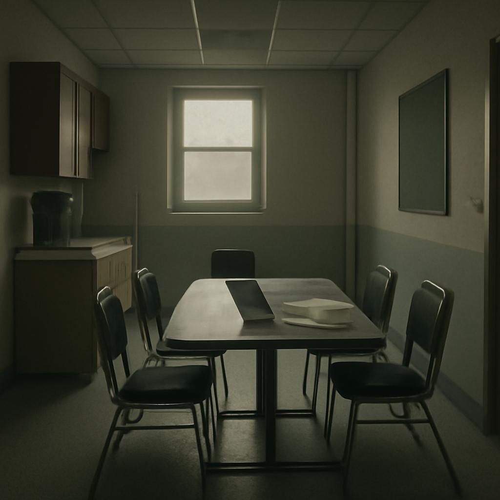 Empty office break room with scattered laptop and papers, conveying a sense of departure and muted atmosphere.