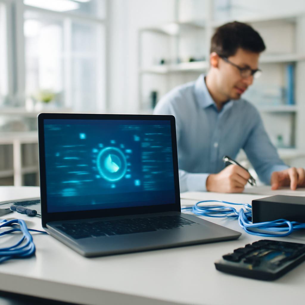 Modern tech lab with laptop and cybersecurity equipment on a clean workbench.