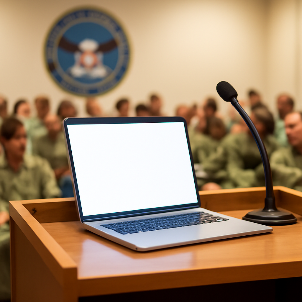 Government officials gather around a podium with a laptop displaying a blank screen.