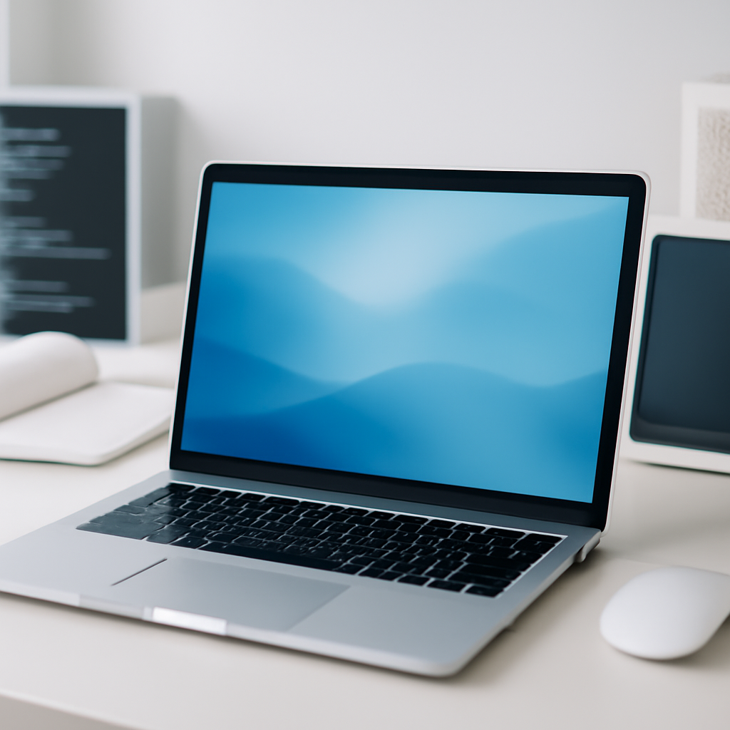 Laptop on a neutral surface with coding-related items in the background.