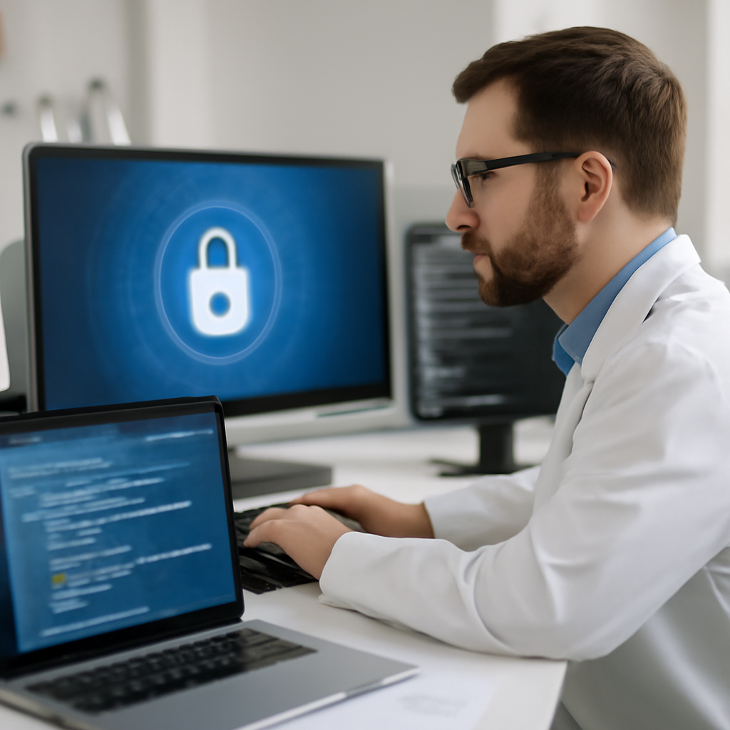 Security professional working in modern lab with laptop displaying abstract cybersecurity interface.