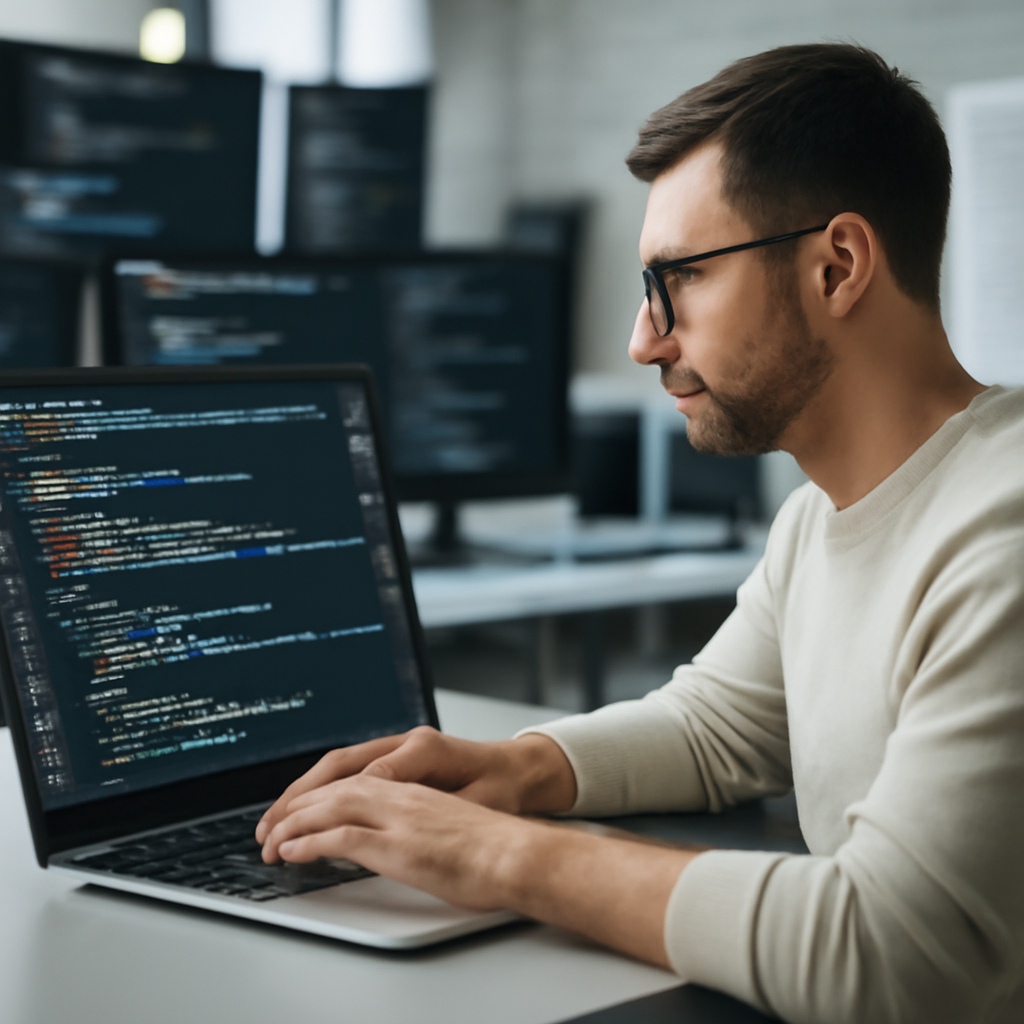 Developer working on laptop in modern coding lab with multiple monitors and code on screen.