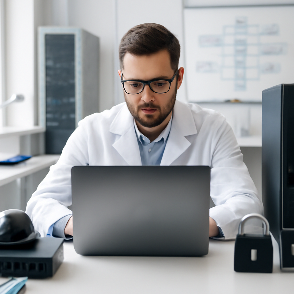 Cybersecurity professional working in a lab with technology and security equipment.
