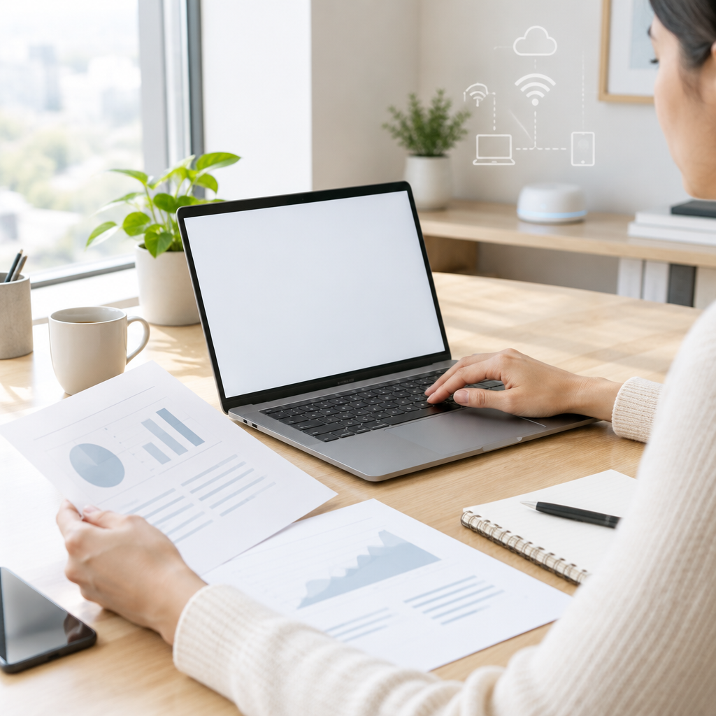 Person working at a desk with laptop and papers, surrounded by neutral office decor.