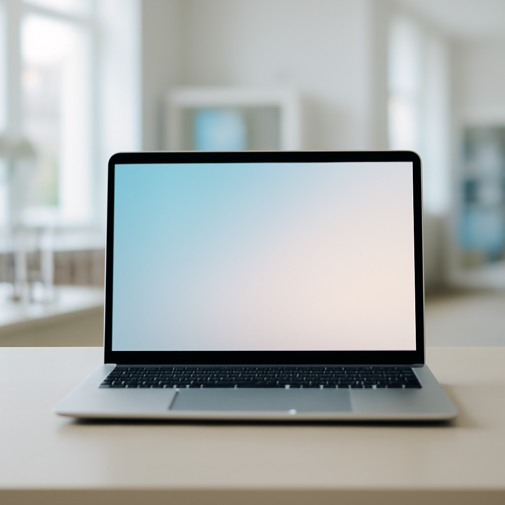 Laptop on a neutral surface with a blank, gradient screen in a quiet, daytime office with natural light.