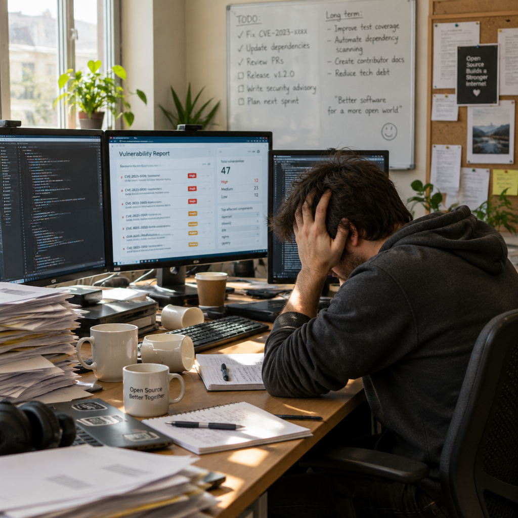 Developer sits at cluttered desk surrounded by papers, coffee cups, and computer screens displaying code and vulnerability…
