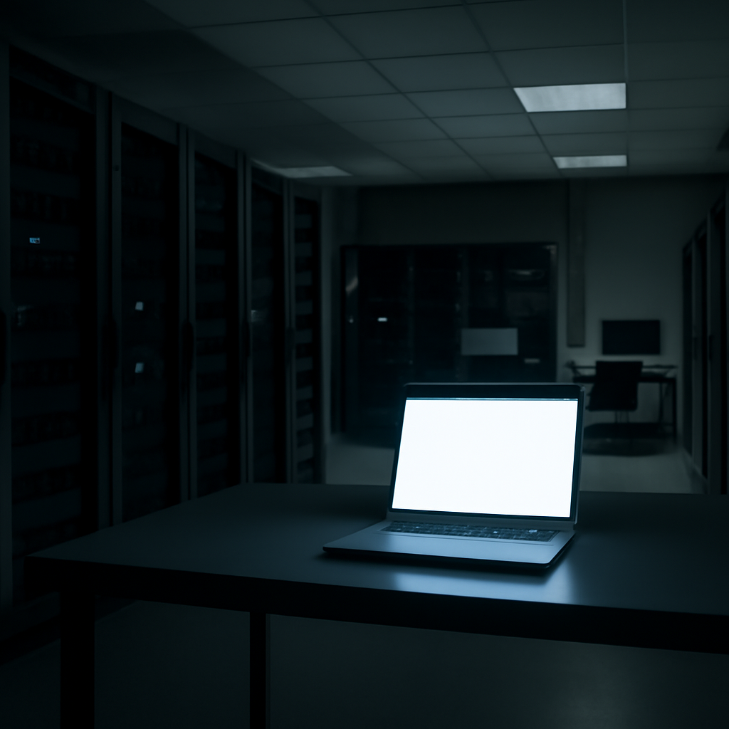 Dimly lit server room with a single laptop screen glowing on a table.