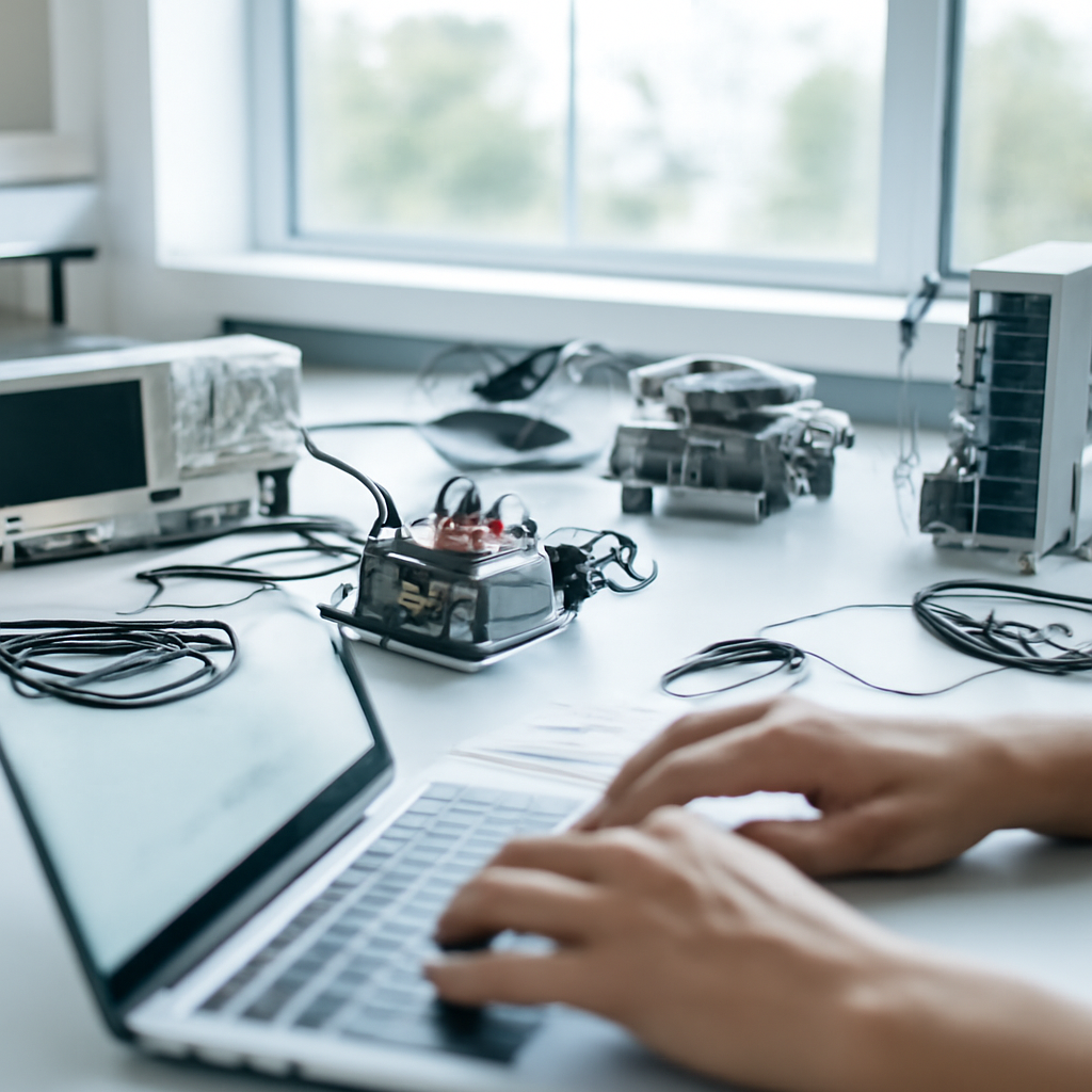Person working on laptop in laboratory setting with daylight background.