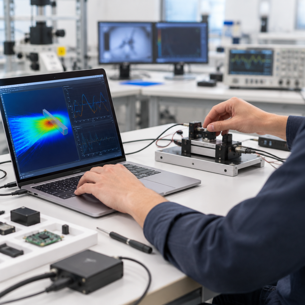 Researcher working on laptop with testing devices on a clean workbench.