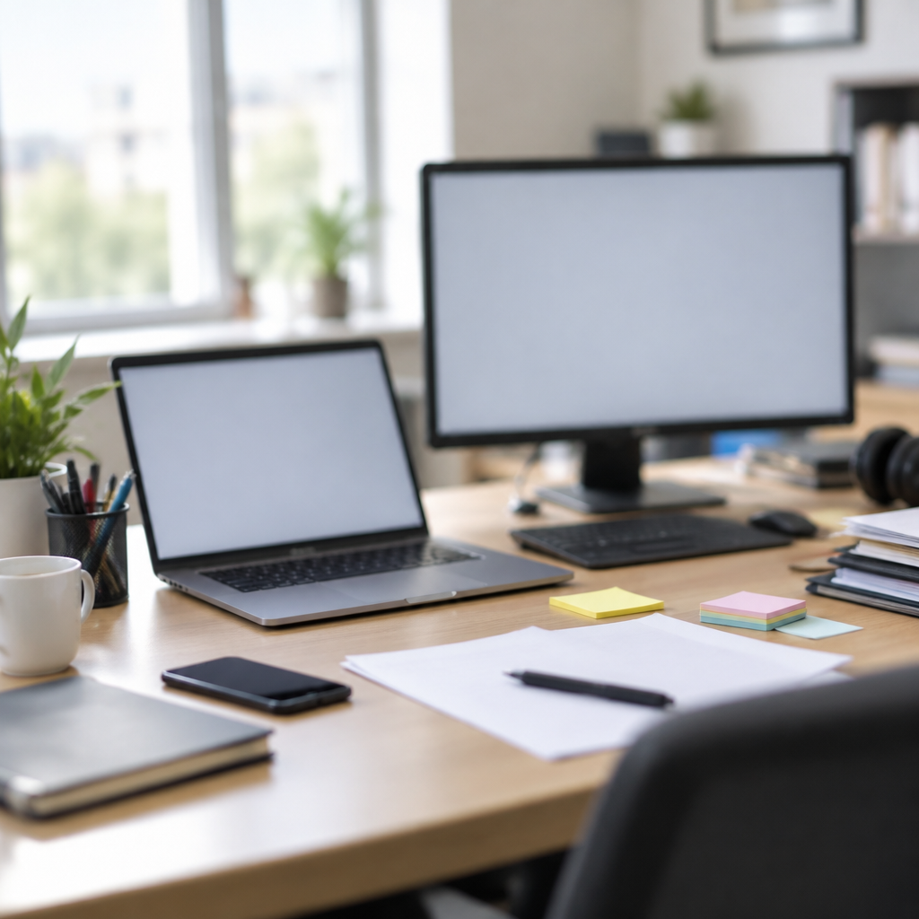 Cluttered office desk with laptop and monitor, surrounded by papers and supplies.