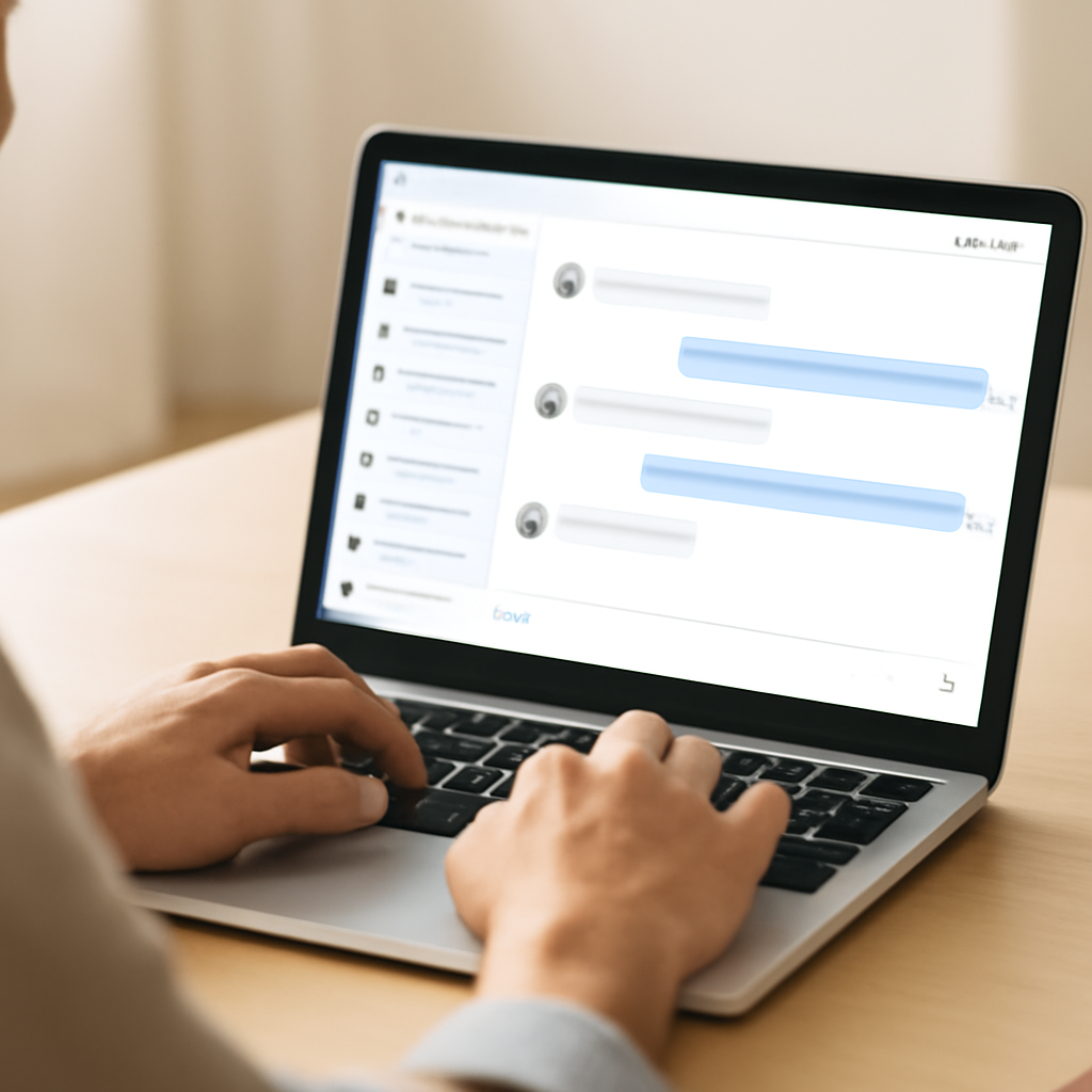 Person interacting with laptop in casual workspace, displaying modern chat-like interface.