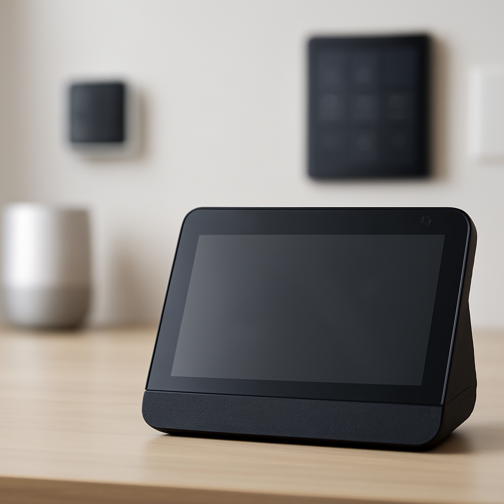 Modern smart speaker on a table surrounded by blurred smart home devices.