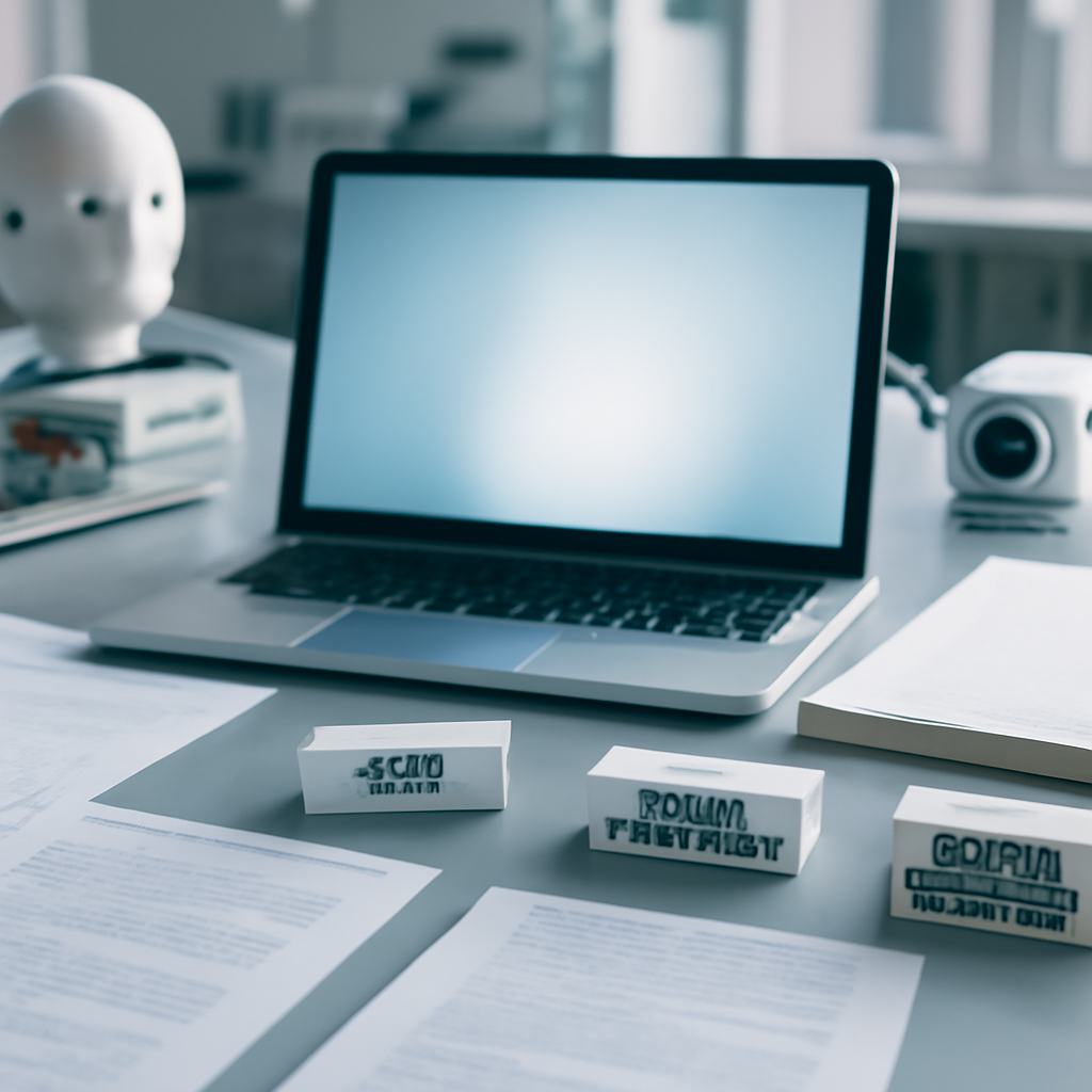A laptop sits on a clean, neutral surface surrounded by AI-related equipment in a brightly-lit lab setting.
