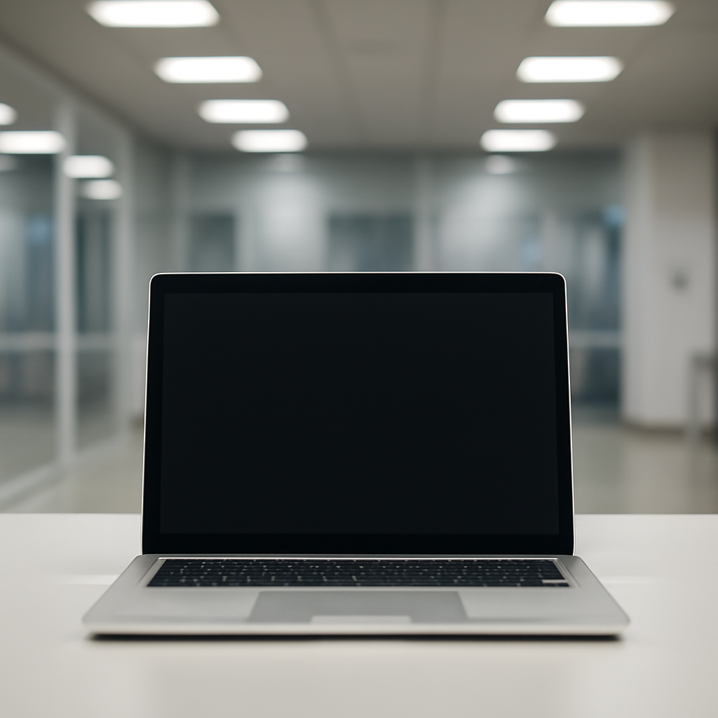Laptop on a clean surface with a blurred screen, surrounded by ordinary indoor lighting.