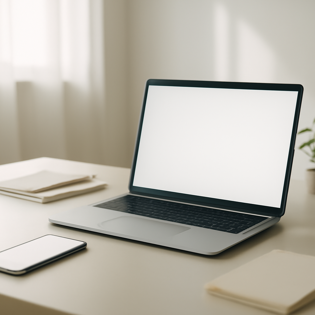 Laptop and smartphone sit on a minimalist desk in soft daylight.