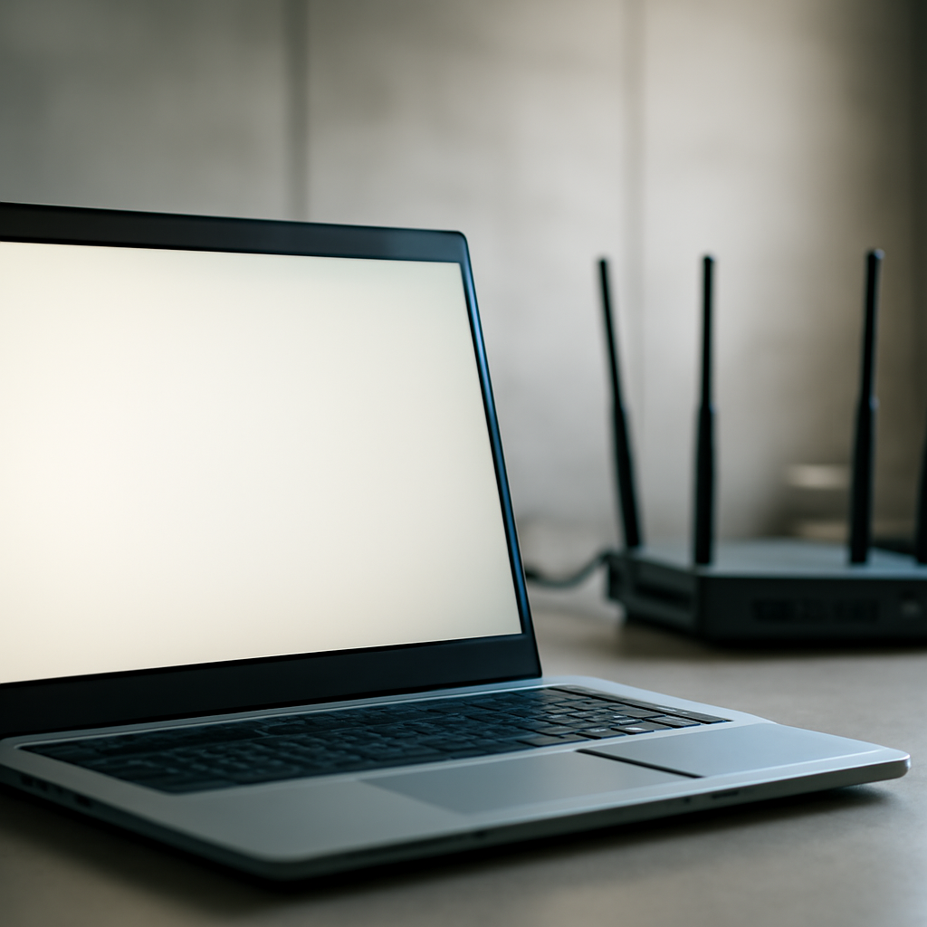 Computer workstation with laptop and network equipment in a neutral setting.