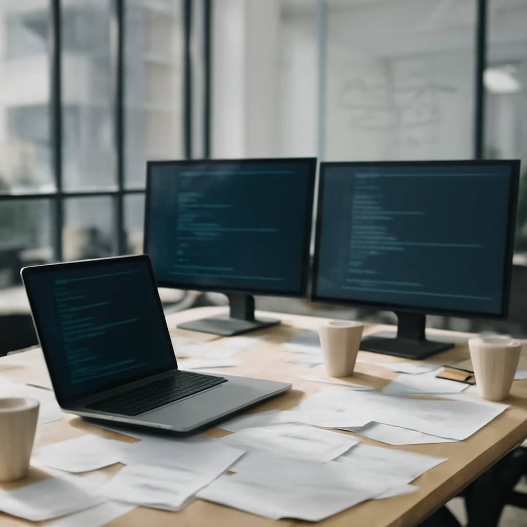 Cluttered developer workstation with laptop and monitors in a shared office space.