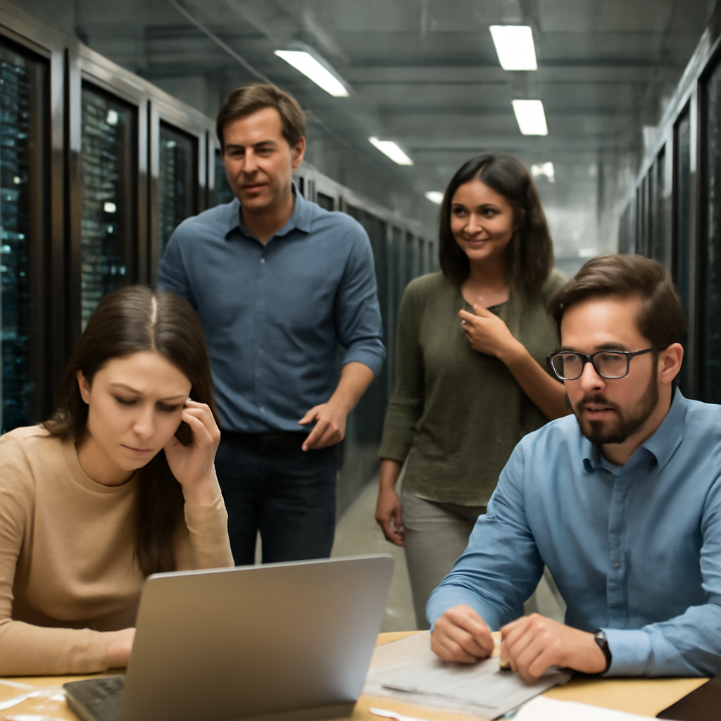Concerned individuals in office attire surround computer screens in a brightly-lit server room with rows of equipment.
