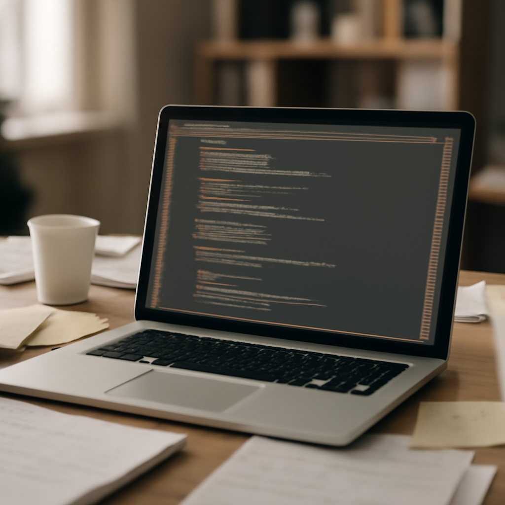 Developer workstation with laptop code display on cluttered desk in office setting.