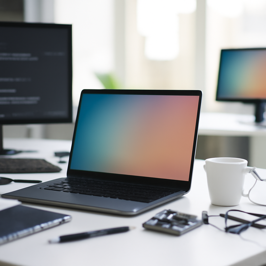 Modern office workstation with laptop and development tools, displays blurred.