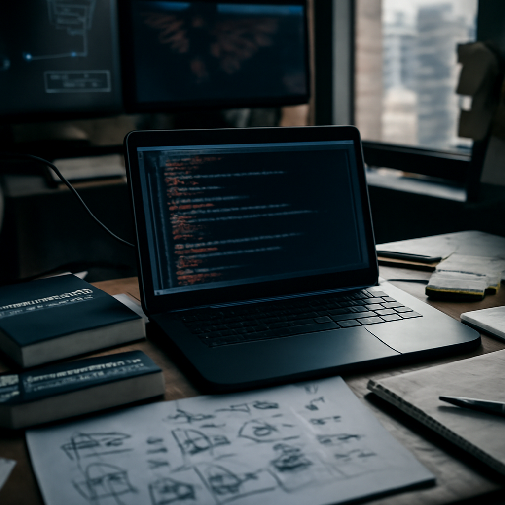 Cybersecurity team workspace with laptop code, diagrams, and notes.
