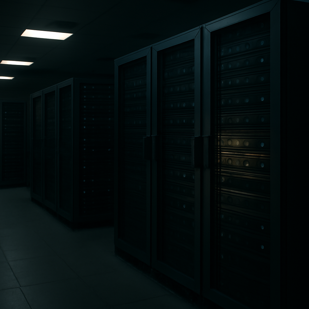 Rows of computer servers and networking equipment in a dimly lit data center with one server highlighted.
