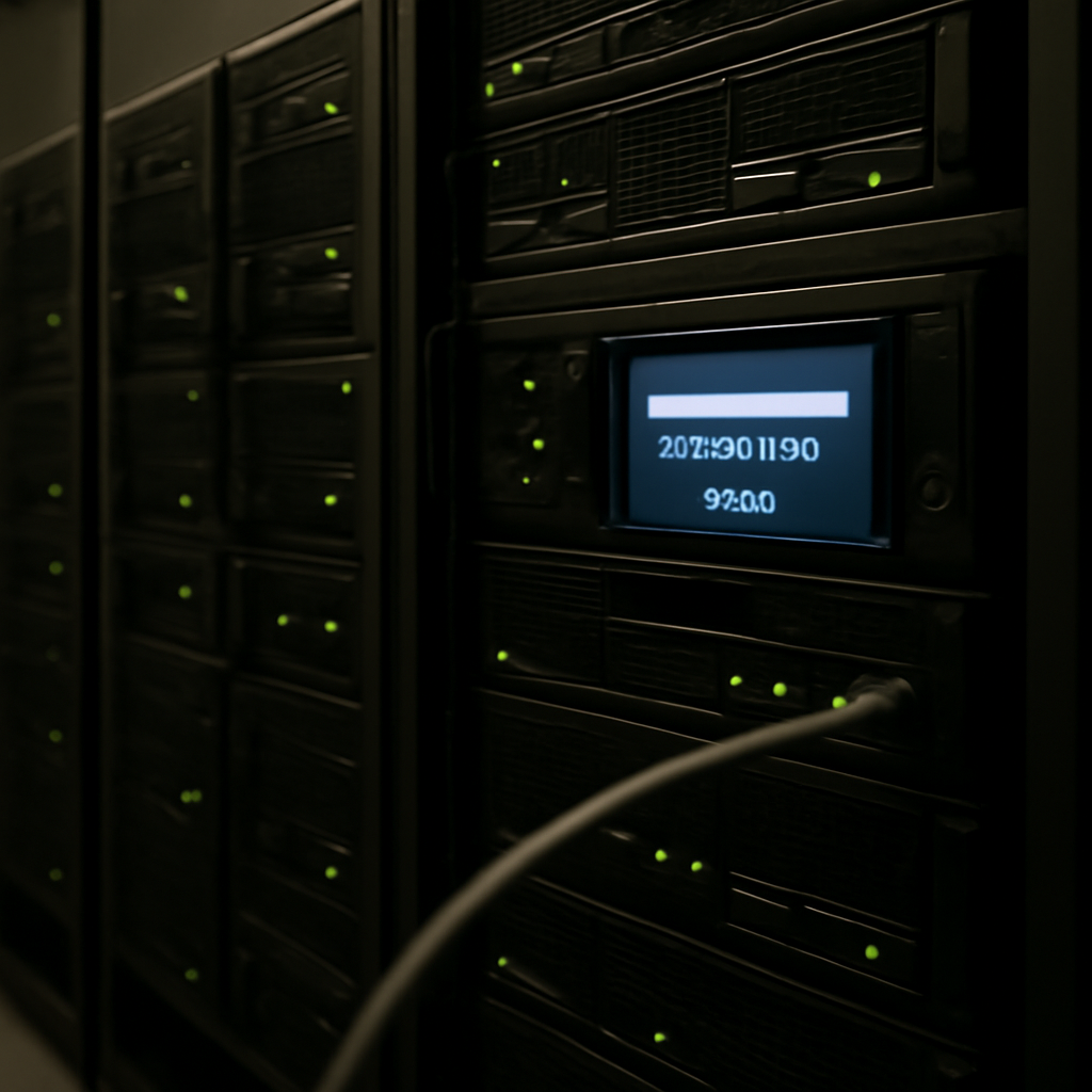 Dimly lit server room with one server showing high memory usage.