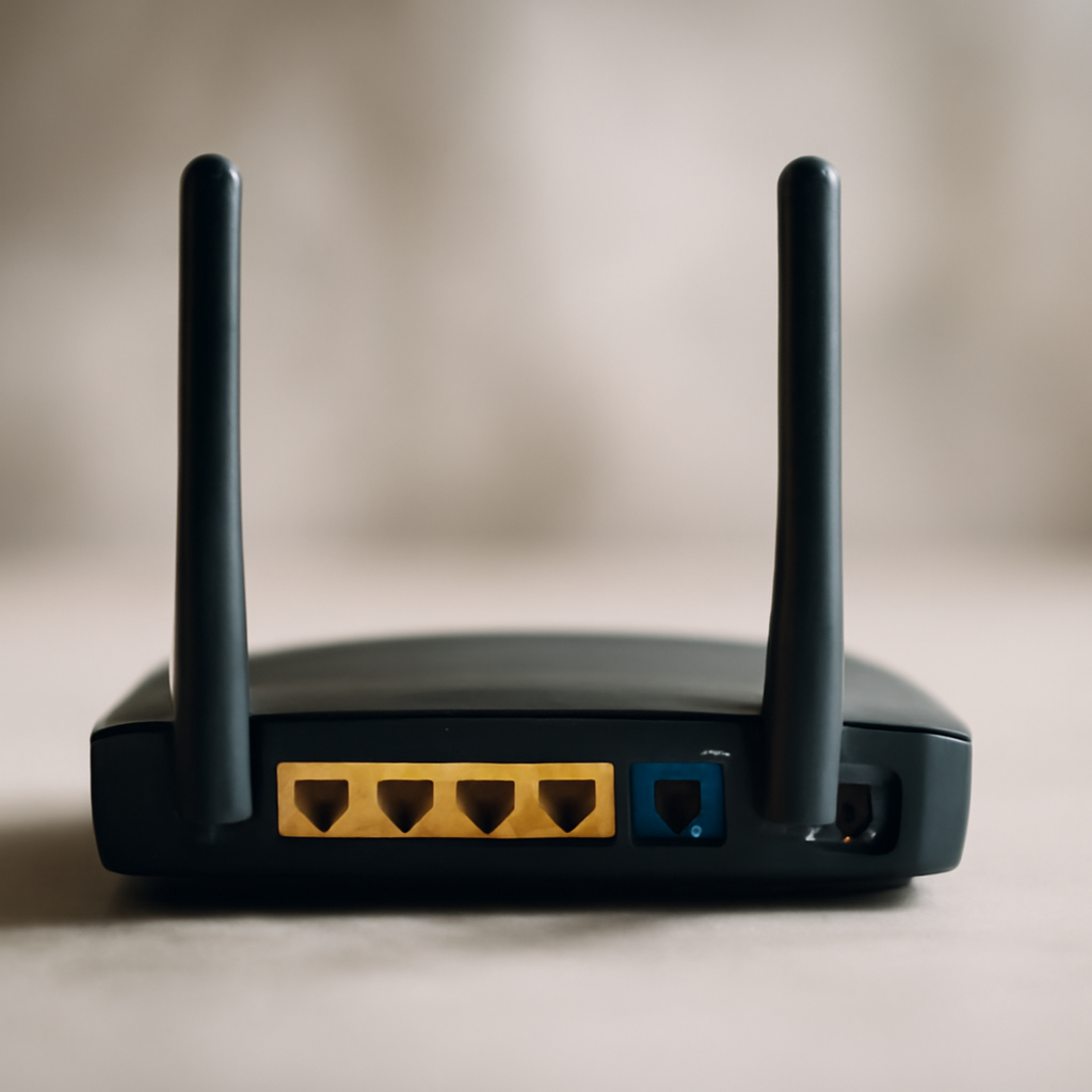 A network router sits on a clean surface with a blurred background, conveying vulnerability.