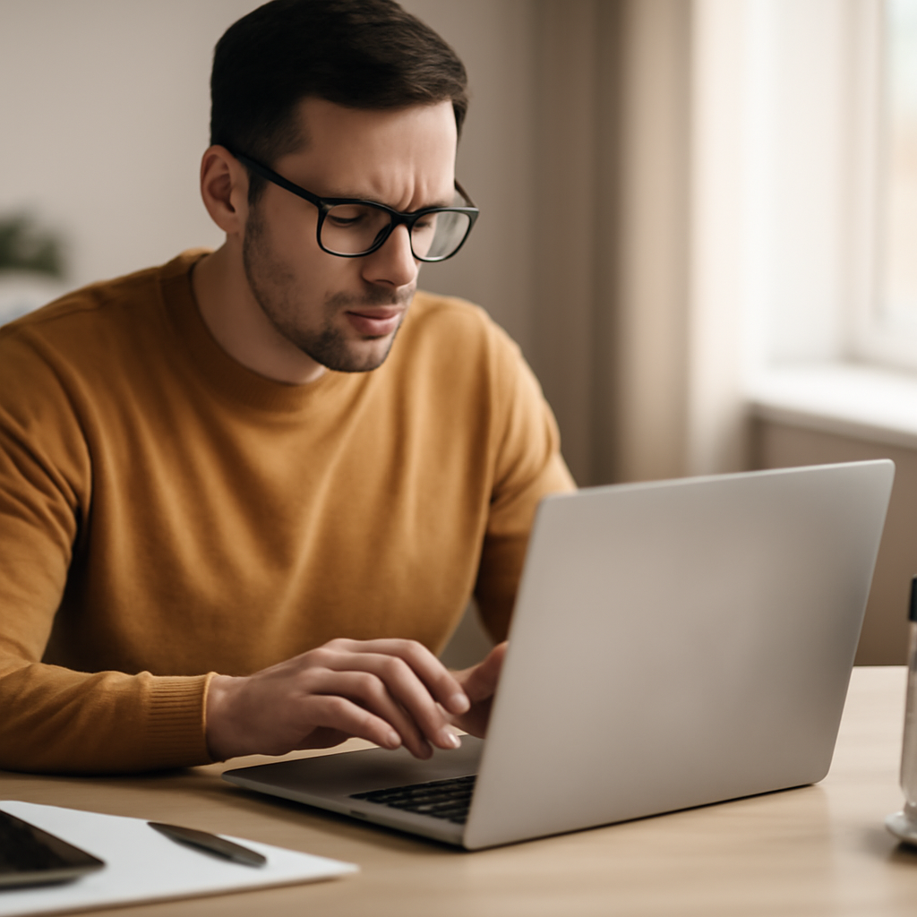 Person sitting at desk with laptop, hands paused over keyboard, conveying caution.