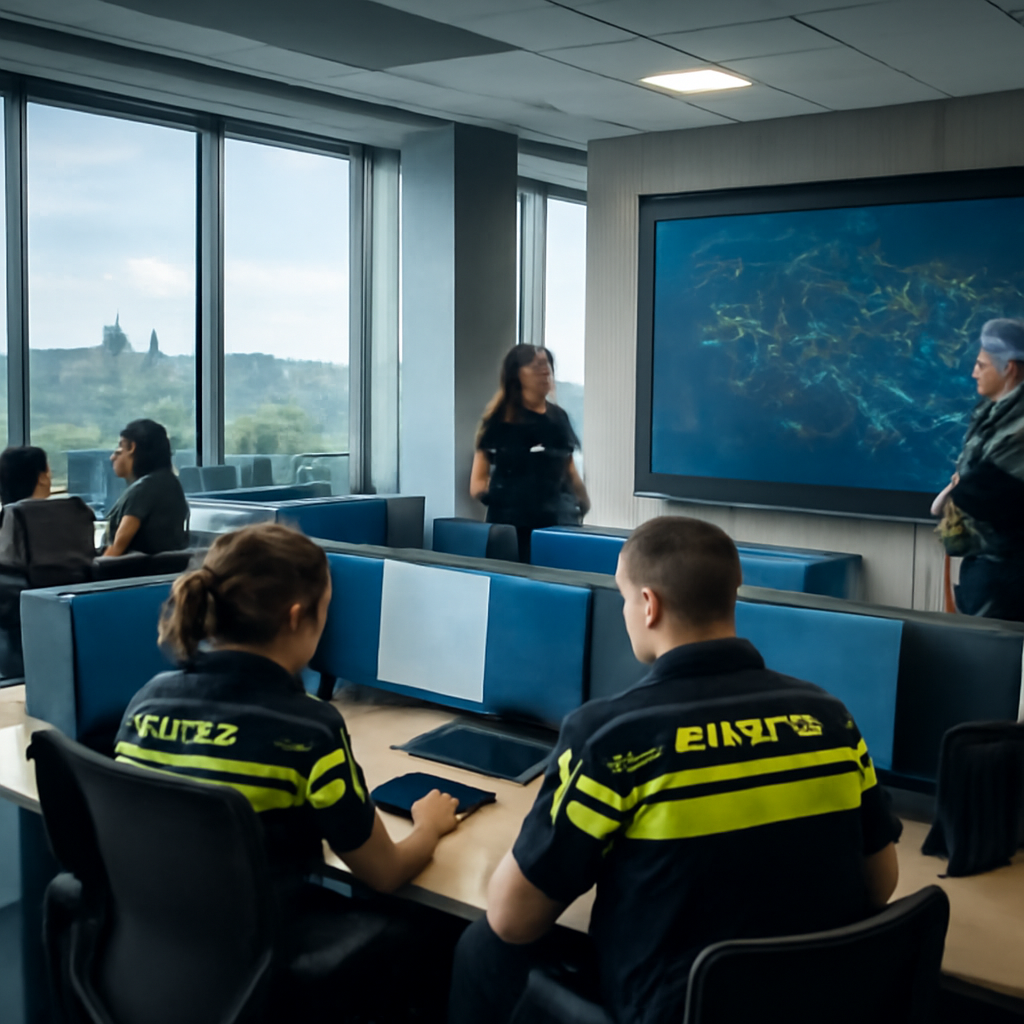 Law enforcement officers work at desks in a high-tech crime unit headquarters with a large screen displaying a network…