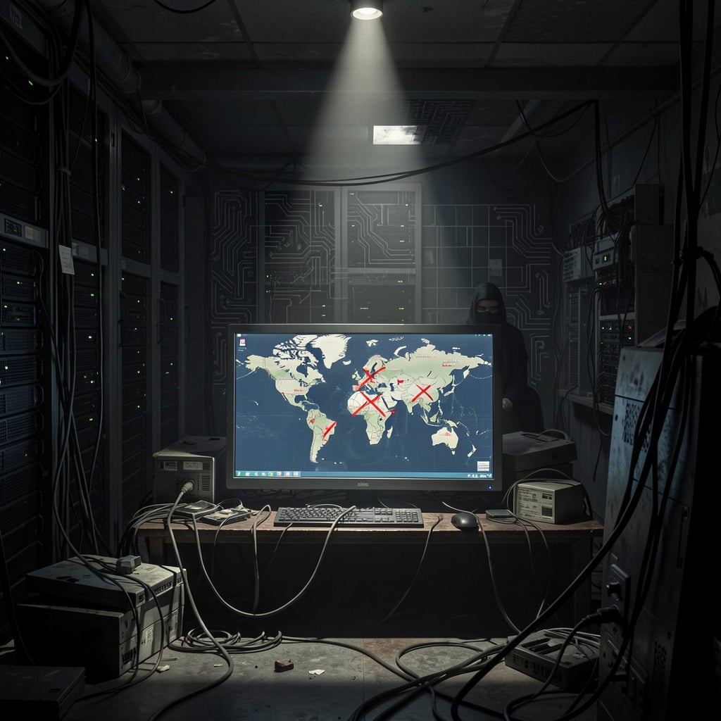 Dimly lit server room with spotlight on a globe map marked with red X's.