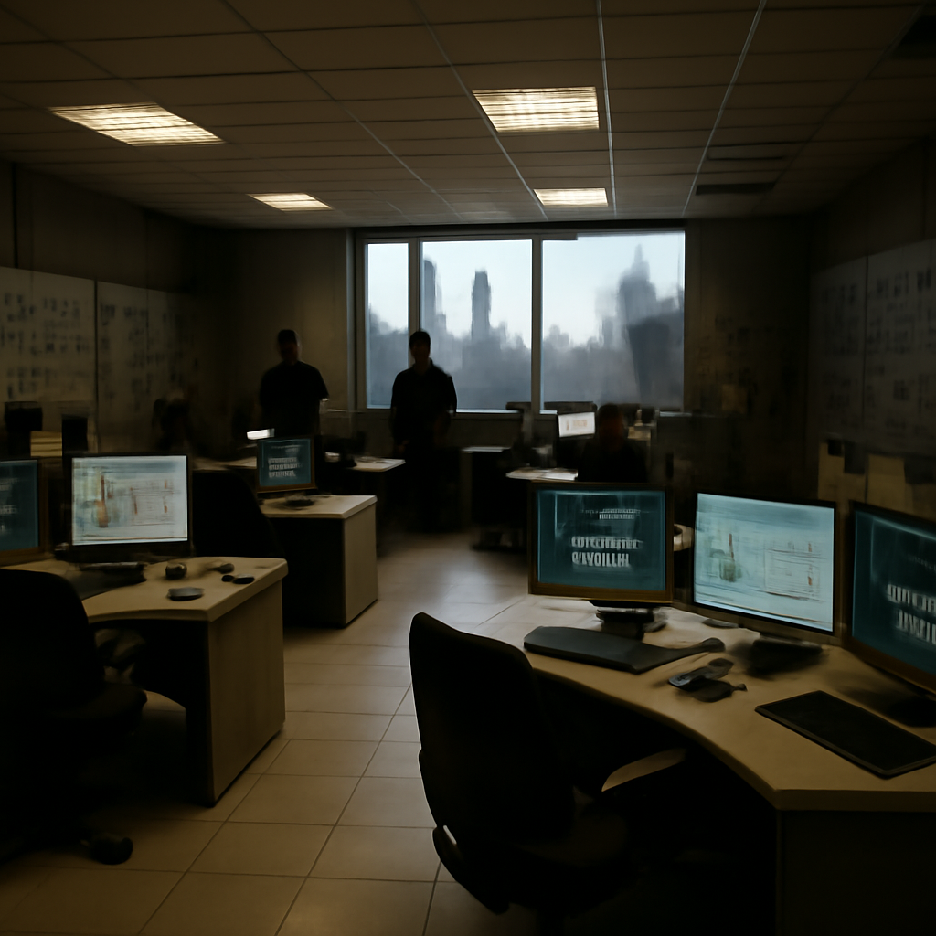 Technicians monitor sections of an industrial control room with scattered stations and a large window showing an industrial…