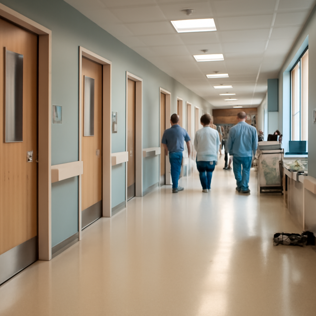 Hospital corridor with staff, medical equipment, and natural light from a large window.