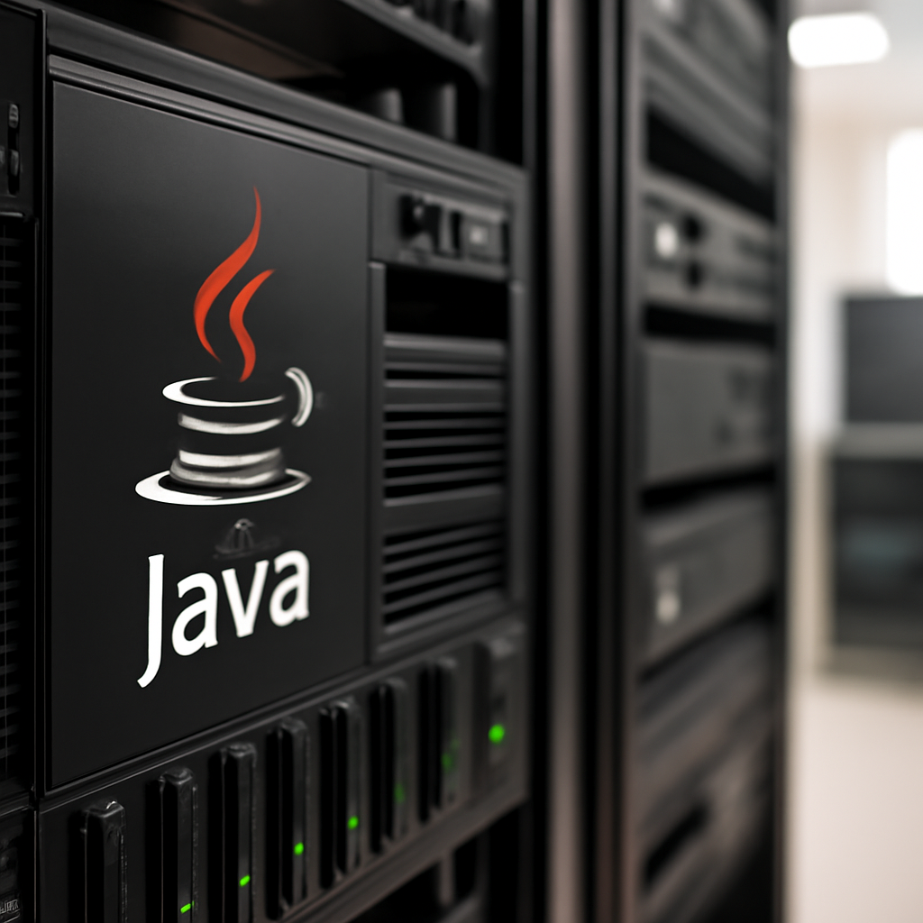Rows of servers in a brightly-lit data center with one server in focus and others blurred.