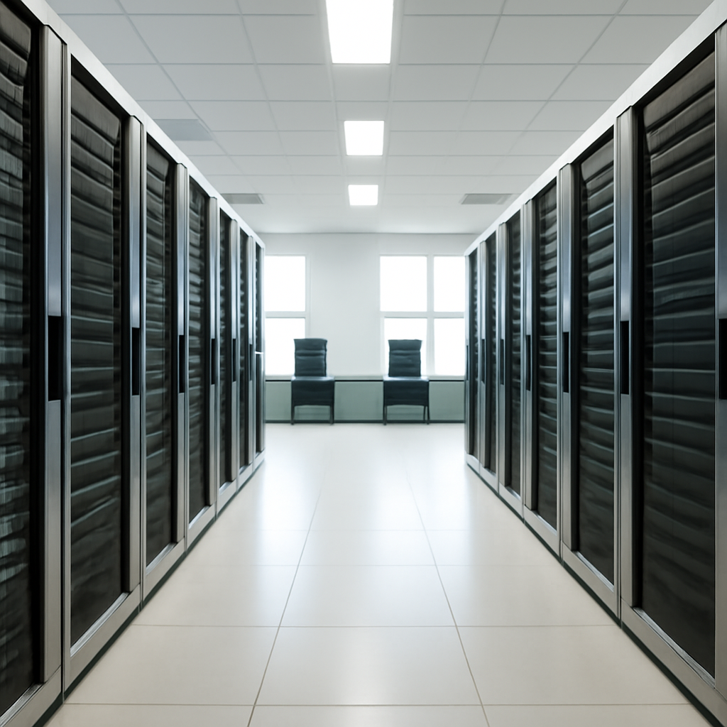 Rows of computer servers and database systems in a brightly-lit, empty office or server room.