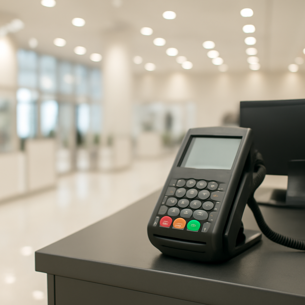 Payment terminal in a brightly-lit retail setting with neutral background.
