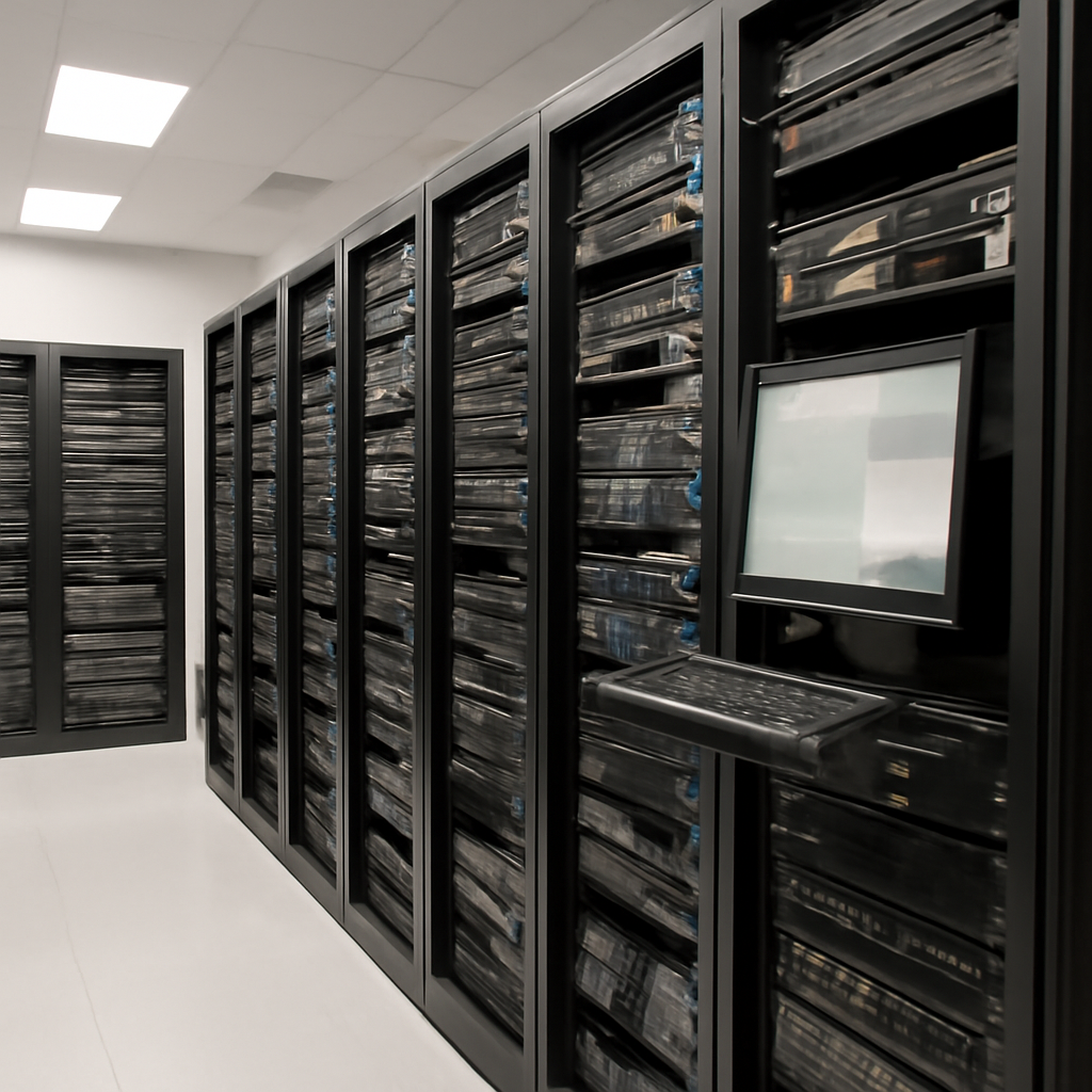 Rows of equipment racks and servers in a brightly-lit, neutral-colored server room.
