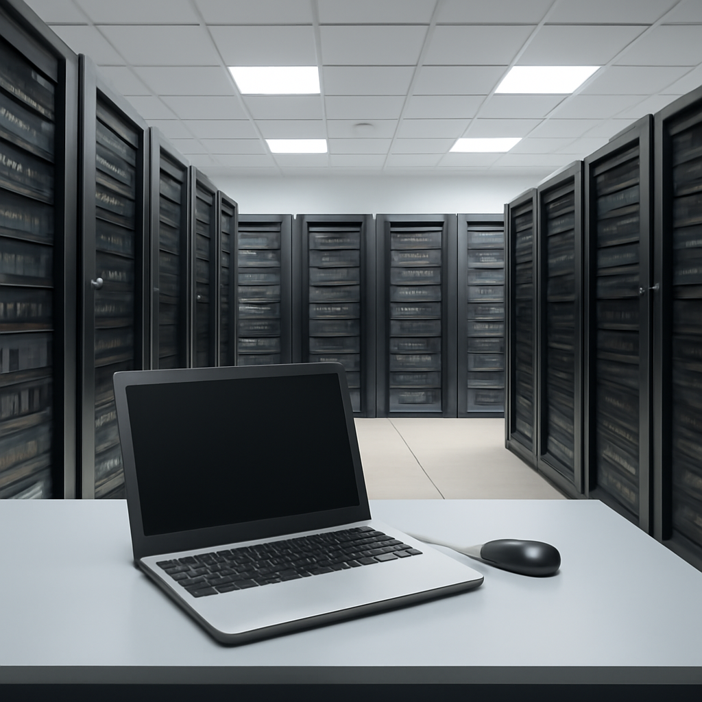 Rows of computer servers in a brightly-lit data center with a single unoccupied workstation in the foreground.