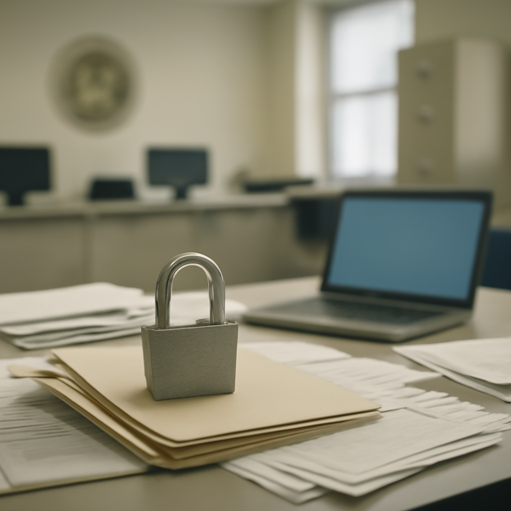 Sensitive documents scattered on a desk in a secure government office with a computer screen in the background.