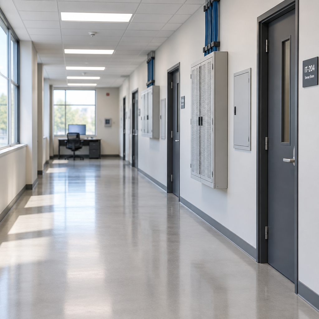 Empty IT hallway with offices and server rooms, featuring neutral-colored walls and floors, and unoccupied workstation.