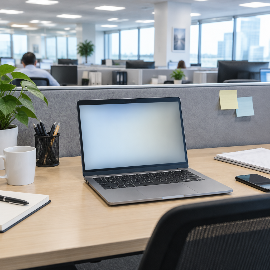 Modern office setting with a laptop and blurred screen amidst computer equipment.