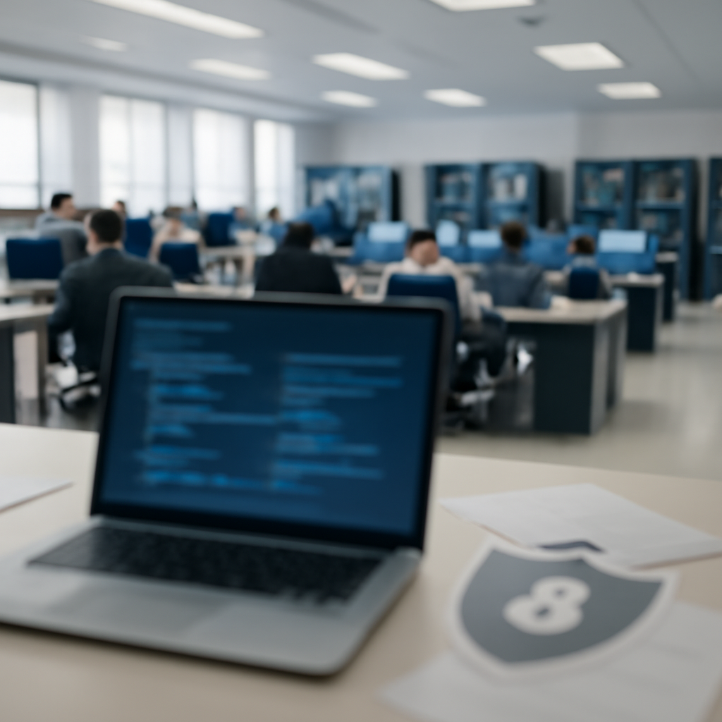 Modern software development facility with workstations and computer equipment, and a blurred laptop screen in the foreground.