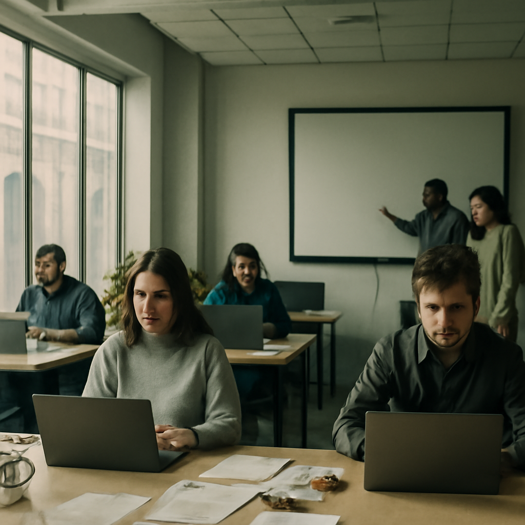 Employees work at desks in a bright, open office space with a large blank screen on the wall.