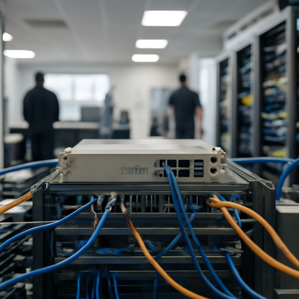 Technicians monitor a network operations center with a central server surrounded by equipment and cables.